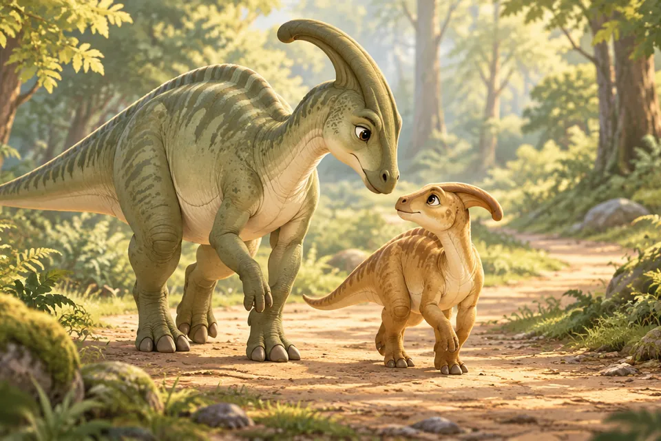 Dino Escape의 햇살이 드는 숲을 걷는 공룡 가족